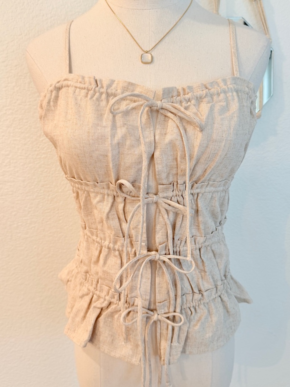 🌞 H&M Linen Blend Tie-Front Ruched Cami Tank Top Beige XS